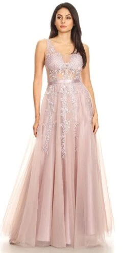 J&J Fashion 3085 Stunning Illusion Appliqued Long Prom Dress(Stunning Illusion Appliqued Long Prom Dress Mauve)