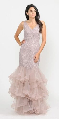 J&J Fashion 3090 Tiered Appliqued Long Prom Dress(Tiered Mauve Appliqued Long Prom Dress)