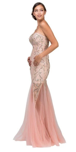Eureka 3152 Studded Corset Torso Sheer Skirt Long Dress(Studded Corset Torso Sheer Skirt Long Dusty Pink Prom Dress)