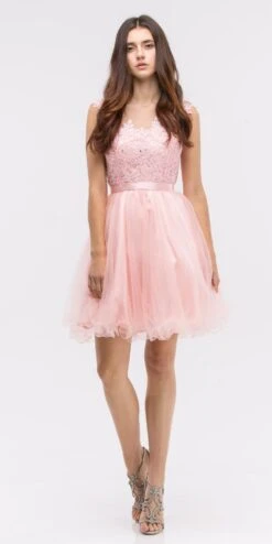 Eureka 3622 Cap Sleeve Lace Applique Bodice Dress(Dusty Pink Cap Sleeve Lace Applique Bodice Homecoming Dress Short)