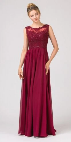 Eureka 3711 Floor Length Formal Dress Lace Illusion Bodice(Mocha Floor Length Formal Dress Lace Illusion Bodice) -Discount Dress Shops 3711 eureka fashion burgundy