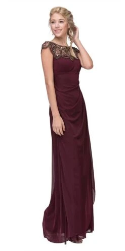 Eureka 3927 Beaded Long Formal Dress Ruched Back And Waistline(Beaded Long Formal Dress Ruched Back Burgundy)