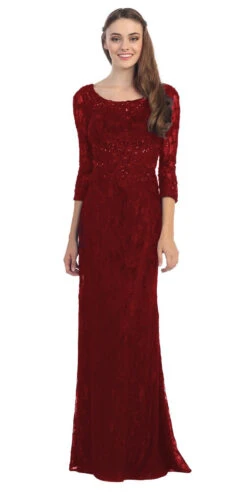 Eureka 3935 Lace Beaded Long Dress Mid Length Sleeve(Navy Blue Lace Beaded Long Formal Dress With Three Quarter Sleeves) -Discount Dress Shops 3935 eureka burgundy dress