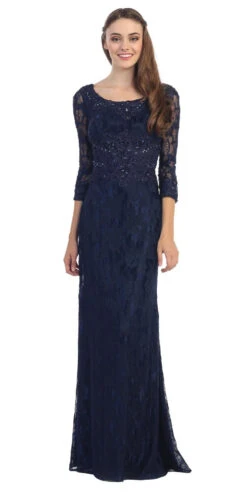 Eureka 3935 Lace Beaded Long Dress Mid Length Sleeve(Navy Blue Lace Beaded Long Formal Dress With Three Quarter Sleeves)