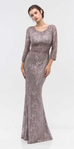 Eureka 3935 Lace Beaded Long Dress Mid Length Sleeve(Navy Blue Lace Beaded Long Formal Dress With Three Quarter Sleeves) -Discount Dress Shops 3935 eureka victorian lilac dress