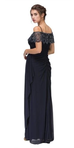 Eureka 3937 Cold-Shoulder Beaded Long Dress Ruched Side Silhouette(Cold Shoulder Beaded Long Formal Dress Burgundy) -Discount Dress Shops 3937 eureka fashion navy blue back 446e01f3 e636 4324 923b 29a5f21fe6a1