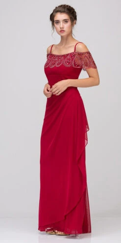 Eureka 3937 Cold-Shoulder Beaded Long Dress Ruched Side Silhouette(Cold Shoulder Beaded Long Formal Dress Burgundy)