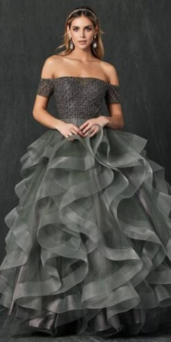Juliet 395 Off-Shoulder Ruffled Quinceanera Dress(Charcoal Off Shoulder Ruffled Quinceanera Dress)