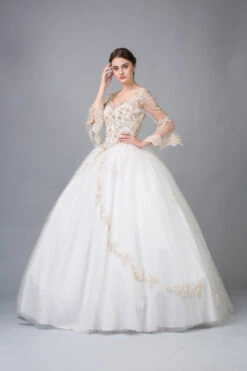Eureka 4188 Appliqued Long Quinceanera Dress Bell Sleeves(Ivory Gold Appliqued Long Quinceanera Dress With Bell Sleeves) -Discount Dress Shops 4188 eureka fashion ivory gold 800x1200 109023cc ef17 45e1 ac67 5cfb126f0494