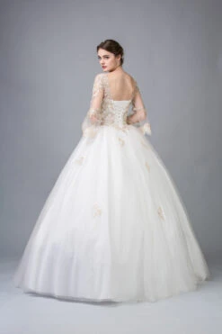 Eureka 4188 Appliqued Long Quinceanera Dress Bell Sleeves(Ivory Gold Appliqued Long Quinceanera Dress With Bell Sleeves) -Discount Dress Shops 4188 eureka fashion ivory gold back 800x1200 87d41286 2c26 4cb2 bf7a 860a50b482f1