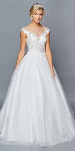 DeKlaire Bridal 425 Illusion Boat Neckline Cap Sleeve A-Line Court Train Wedding Dress(Lovely La Bridal 425 Illusion Boat Neckline Cap Sleeve A Line Court Train Wedding Dress Lace Sequins Applique) -Discount Dress Shops 425 lovely la bridal white crop