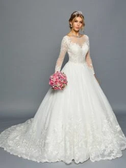 DeKlaire Bridal 454 Boat Neckline Long Sleeve Wedding Gown(Deklaire Bridal 454 Boat Neckline Long Sleeve Wedding Gown)