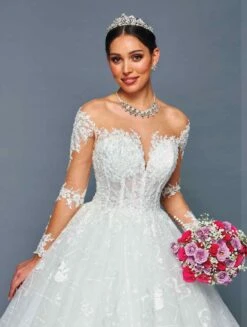 DeKlaire Bridal 481 Illusion Boat Neck Sheer Long Sleeve Wedding Ball Gown(Deklaire Bridal 481 Illusion Boat Neck Sheer Long Sleeve Wedding Ball Gown) -Discount Dress Shops 481 3