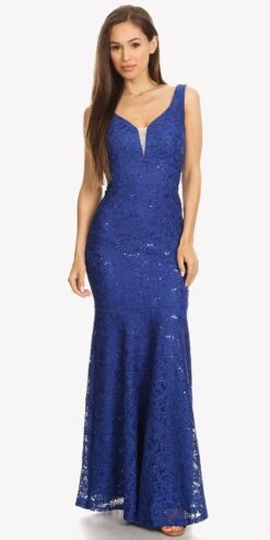 Eureka 5010 Lace Mermaid Gown V-Neck With Mesh Panel(Lace Mermaid Evening Gown V Neck With Mesh Panel Royal Blue)