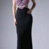 Cinderella Divine 5012 Halter Beaded Cut Out Bodice Long Dress Open Back(Black Purple Halter Beaded Cut Out Bodice Long Prom Dress Open Back)