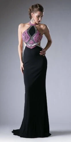 Cinderella Divine 5012 Halter Beaded Cut Out Bodice Long Dress Open Back(Black Purple Halter Beaded Cut Out Bodice Long Prom Dress Open Back)