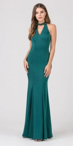 Eureka 5033 Mermaid Gown With Beaded Choker-Collar(Hunter Green Mermaid Prom Gown With Beaded Choker Collar)