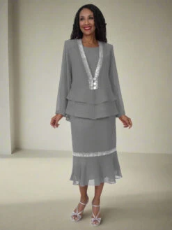 Hosanna 5557 Plus Size 3-Piece Set Tea Length Dress(Hosanna 5557 Plus Size 3 Piece Set Tea Length Dress) -Discount Dress Shops 5103 hosanna silver