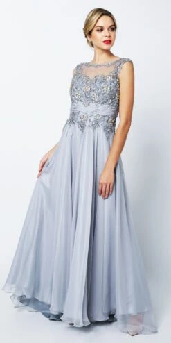 Juliet 552 Long Jewel Neckline Studded Bodice A-Line Gown(Jewel Neckline Studded Bodice A Line Silver Red Carpet Gown)