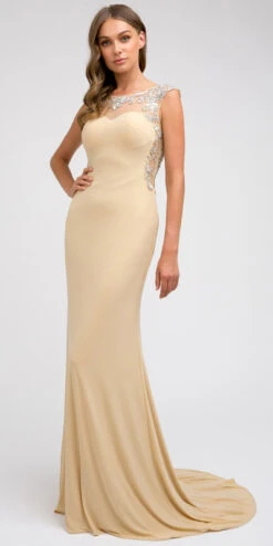 Juliet 597 Floor Length Formal Gown ITY Cap Sleeve Rhinestones(Floor Length Formal Gown Gold Ity Cap Sleeve Rhinestones)