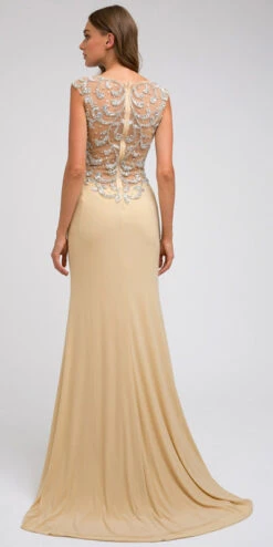 Juliet 597 Floor Length Formal Gown ITY Cap Sleeve Rhinestones(Floor Length Formal Gown Gold Ity Cap Sleeve Rhinestones) -Discount Dress Shops 597 juliet light gold back