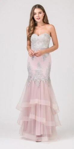 Eureka 6009 Strapless Embroidered Gown Layered Skirt Sweetheart Neck(Strapless Embroidered Prom Gown Layered Skirt Sweetheart Neck Blush Silver)