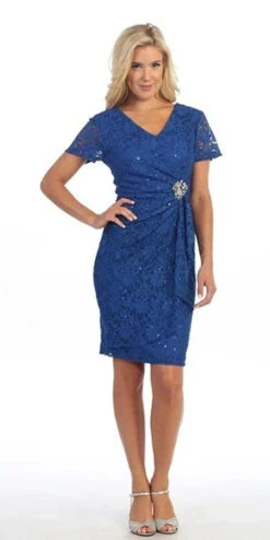 Celavie 6038 Short Sleeved Short Side Gathered Knee Length Dress(Short Sleeved Short Side Gathered Royal Blue Cocktail Dress) -Discount Dress Shops 6038 celavie royal blue