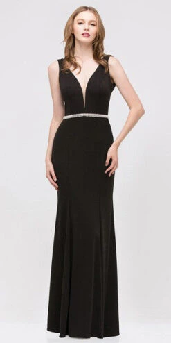 Eureka 6070 Fit And Flare Evening Gown Deep V-Neckline(Fit And Flare Formal Black Evening Gown Deep V Neckline)