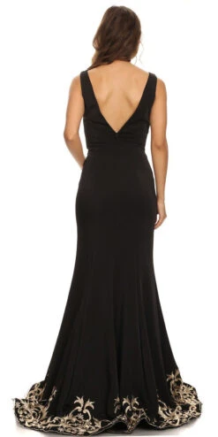 Eureka 6090 Long Evening Gown Stretch Satin V-Neck Embroidered Hem(Long Evening Formal Gown Burgundy Stretch Satin V Neckline Embroidered Hem) -Discount Dress Shops 6090 eureka black gold dress back 5184c65e 9835 40ca b36b 0348f32087b9
