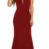 Eureka 6090 Long Evening Gown Stretch Satin V-Neck Embroidered Hem(Long Evening Formal Gown Burgundy Stretch Satin V Neckline Embroidered Hem)