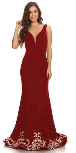 Eureka 6090 Long Evening Gown Stretch Satin V-Neck Embroidered Hem(Long Evening Formal Gown Burgundy Stretch Satin V Neckline Embroidered Hem)