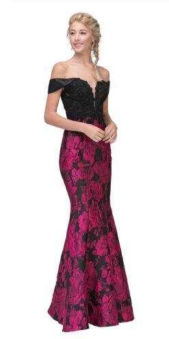 Eureka 6222 Off-the-Shoulder Floral Printed Gown(Off The Shoulder Floral Printed Prom Gown Black Hunter Green) -Discount Dress Shops 6222 eureka fashion fuchsia side view 857d0144 9e59 4241 bc0a 1a774c443da2