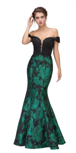 Eureka 6222 Off-the-Shoulder Floral Printed Gown(Off The Shoulder Floral Printed Prom Gown Black Hunter Green)