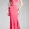 Cinderella Divine 62454 Fitted Jersey Dress Ruffled Cut Out Back(Deep Coral Floor Length Prom Dress Ruffled Cut Out Back)