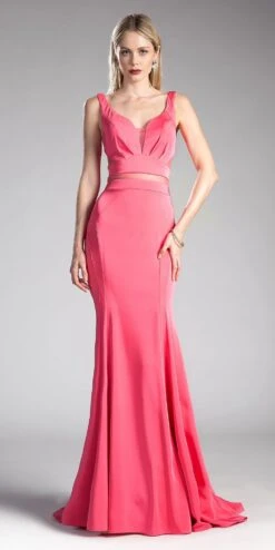 Cinderella Divine 62454 Fitted Jersey Dress Ruffled Cut Out Back(Deep Coral Floor Length Prom Dress Ruffled Cut Out Back)