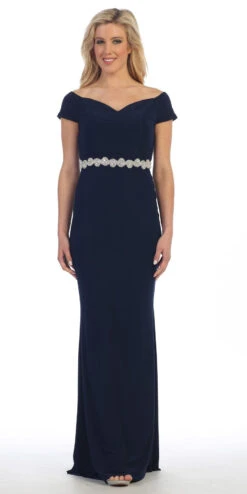 Celavie 6292L Off Shoulder Evening Gown Appliqued Waist(Celavie 6292 Navy Blue Off Shoulder Evening Gown Appliqued Waist)