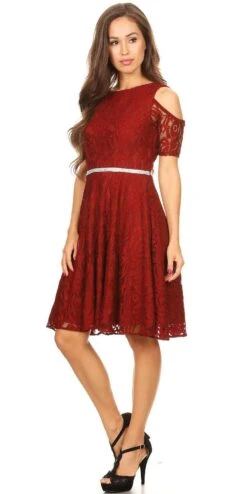Celavie 6307 Lace A-Line Dress Cold Shoulder Short Sleeves(Burgundy Lace A Line Wedding Guest Dress Cold Shoulder Short Sleeves) -Discount Dress Shops 6307 celavie burgundy left side 79bdfba1 8149 401d ad38 dd886af18b75