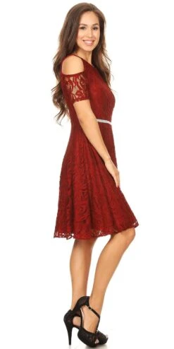 Celavie 6307 Lace A-Line Dress Cold Shoulder Short Sleeves(Burgundy Lace A Line Wedding Guest Dress Cold Shoulder Short Sleeves) -Discount Dress Shops 6307 celavie burgundy right side 403dc26e adc1 41b1 a39b 279afa858c2c