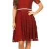 Celavie 6307 Lace A-Line Dress Cold Shoulder Short Sleeves(Burgundy Lace A Line Wedding Guest Dress Cold Shoulder Short Sleeves)