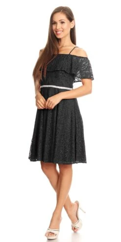 Celavie 6317 Ruffled Off Shoulder Lace A-Line Dress(Ruffled Off Shoulder Lace A Line Wedding Guest Dress Black)