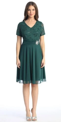 Celavie 6320-S Knee Length Dress With Short Sleeves Lace Bodice(Celavie 6320 Knee Length Royal Blue Dress With Short Sleeves Lace Bodice)