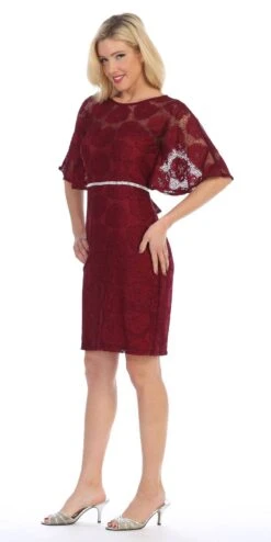 Celavie 6337 Short Dress Knee Length With Flutter Sleeves(Burgundy Short Wedding Guest Dress With Flutter Sleeves) -Discount Dress Shops 6337 celavie burgundy left side