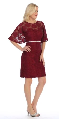 Celavie 6337 Short Dress Knee Length With Flutter Sleeves(Burgundy Short Wedding Guest Dress With Flutter Sleeves) -Discount Dress Shops 6337 celavie burgundy right side