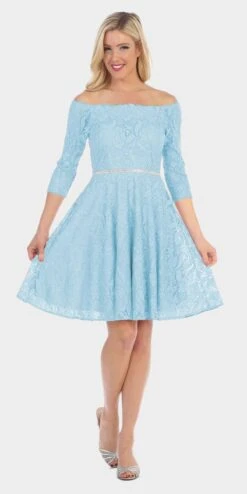 Celavie 6343S Off-the-Shoulder Short Lace A-Line Dress Mid Length Sleeves(Off The Shoulder Short Lace Homecoming Dress Baby Blue)