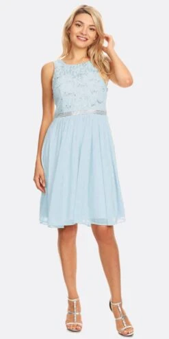 Celavie 6344S Short Sleeveless Party Lace/Chiffon Dress A-line(Silver Sleeveless Short Party Lace Dress A Line) -Discount Dress Shops 6344S celavie baby blue