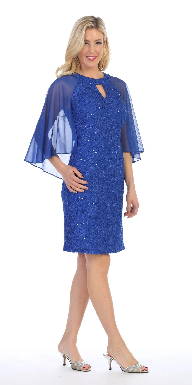Celavie 6352-S Lace Dress Knee Length With Flutter Sleeves(Royal Blue Wedding Guest Dress With Flutter Sleeves) 3 Celavie 6352-S Lace Dress Knee Length With Flutter Sleeves(Royal Blue Wedding Guest Dress With Flutter Sleeves) - Image 3