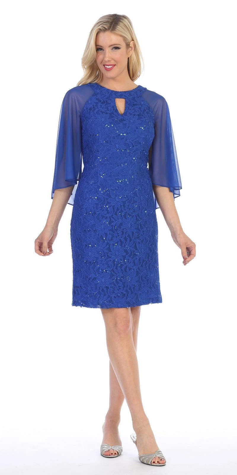 Celavie 6352-S Lace Dress Knee Length With Flutter Sleeves(Royal Blue Wedding Guest Dress With Flutter Sleeves) 1 Celavie 6352-S Lace Dress Knee Length With Flutter Sleeves(Royal Blue Wedding Guest Dress With Flutter Sleeves)