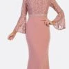 Celavie 6374 Beaded Waist Long Dress With Long Bell Sleeves(Mauve Beaded Waist Long Formal Dress With Long Bell Sleeves)