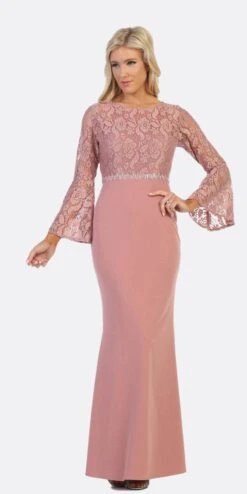 Celavie 6374 Beaded Waist Long Dress With Long Bell Sleeves(Mauve Beaded Waist Long Formal Dress With Long Bell Sleeves)