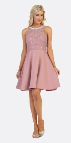 Celavie 6382 Chiffon Lace Top Knee-Length Cocktail Dress(Celavie 6382 Mauve Lace Top Knee Length Cocktail Dress)